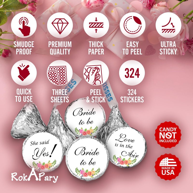 RokAPary 324 Floral Roses Bridal Shower, Bachelorette Party, Bride to Be Kisses Stickers, Chocolate Drops Labels Sticker for Engagement Party Decorations, Favors for Kiss. Made in USA - Image 3
